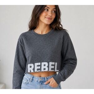 KNIT RIOT Womens XS REBEL Cropped Sweatshirt Gray Distressed Long Sleeve NEW